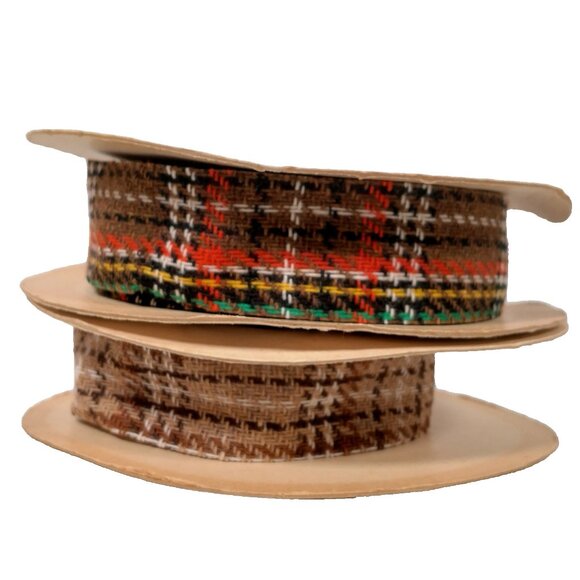Vintage 1970s Ribbon Spool Pair Scotty Plaid Weather Proof Decorator Woven 1 3/8 - Picture 1 of 16